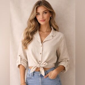 Boho Coastal  Tie-Front Button Shirt Ivory Casual Minimalist Blouse Y2K Relaxed
